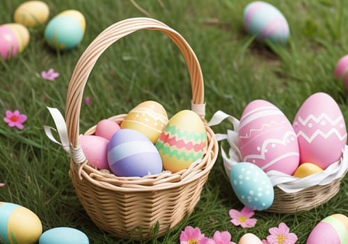 Easter bunny with colorful eggs in nest. ai generative