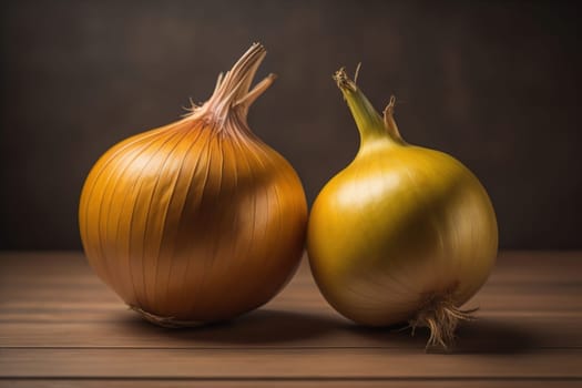 Three onions on a wooden table in front of a solid color background. ai generative