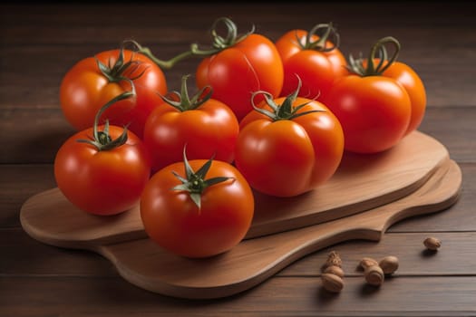 Tomatoes on a wooden table on a dark background. ai generative