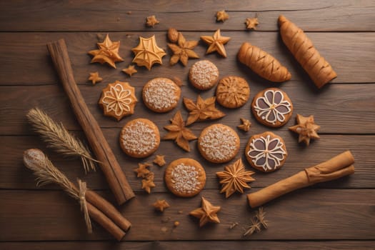 Cookies on a wooden table. Top view. ai generative