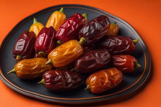 Dried fruits of date palm on a solid color background. Toned. ai generative