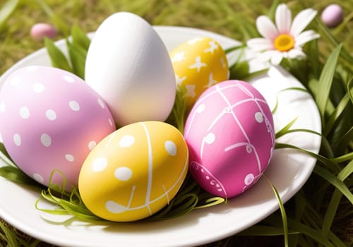 Easter bunny with colorful eggs in nest. ai generative