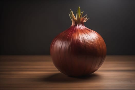 Three onions on a wooden table in front of a solid color background. ai generative