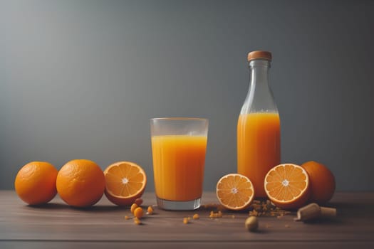 Glass of orange juice and fresh orange fruits. ai generative