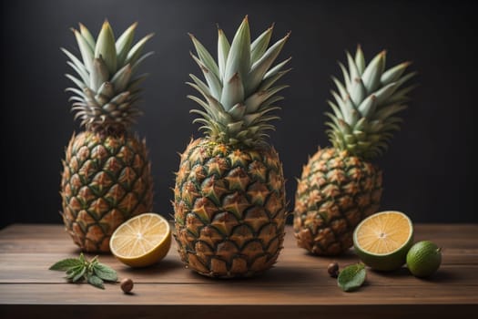 Pineapples on a wooden background. ai generative