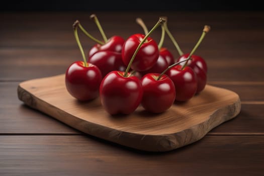 Red cherries on a wooden background. Close up. Selective focus. ai generative