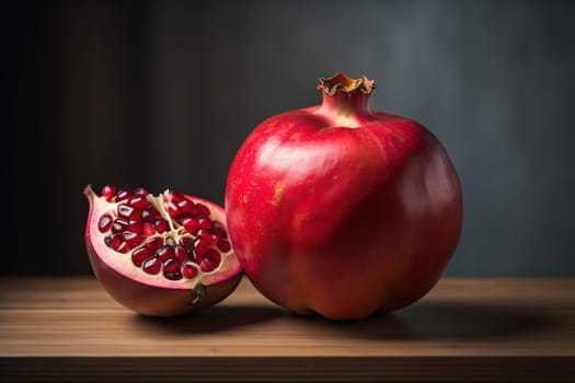 Ripe pomegranate fruit on a wooden background. Still life. ai generative