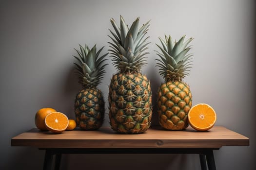 Pineapples on a wooden background. ai generative