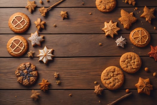 Cookies on a wooden table. Top view. ai generative