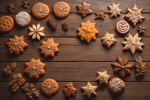 Cookies on a wooden table. Top view. ai generative