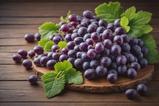 Bunch of fresh grapes on wooden table. Vintage style toned picture. ai generative