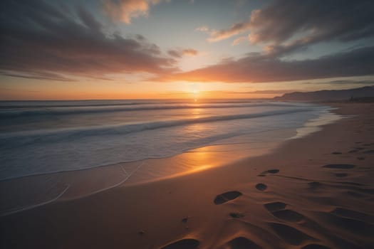 Beautiful sunset on the beach with reflection in the water. Long exposure. ai generative