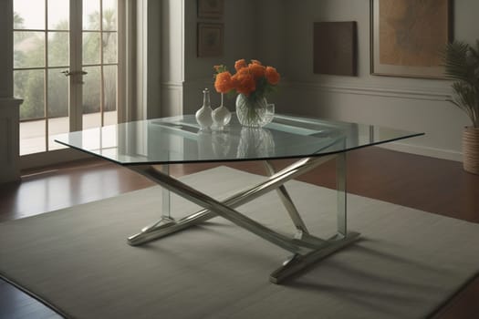 a glass table in a room. ai generative