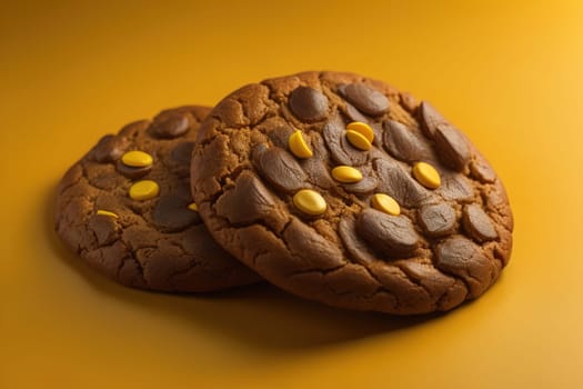 Chocolate chip cookies on orange background. Close up. Selective focus. ai generative