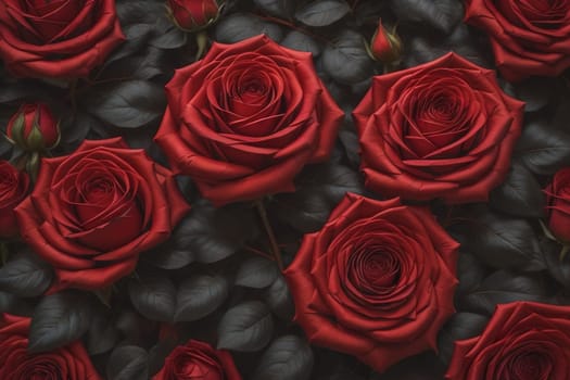 Red roses background. Top view of beautiful red roses with green leaves. ai generative