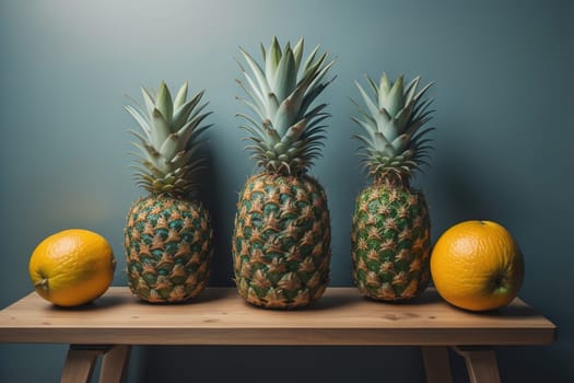 Pineapples on a wooden background. ai generative