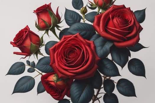 Red roses background. Top view of beautiful red roses with green leaves. ai generative