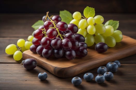 Bunch of fresh grapes on wooden table. Vintage style toned picture. ai generative