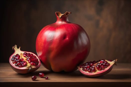 Ripe pomegranate fruit on a wooden background. Still life. ai generative