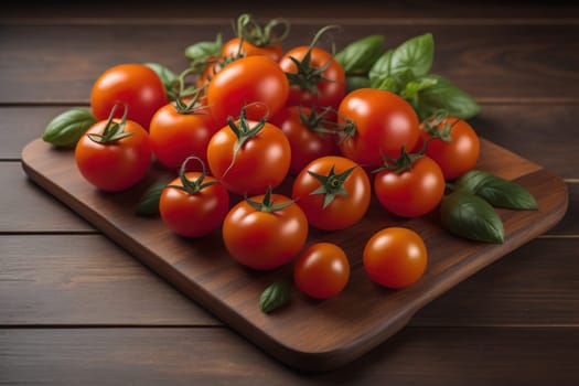 Tomatoes on a wooden table on a dark background. ai generative