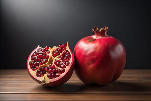 Ripe pomegranate fruit on a wooden background. Still life. ai generative