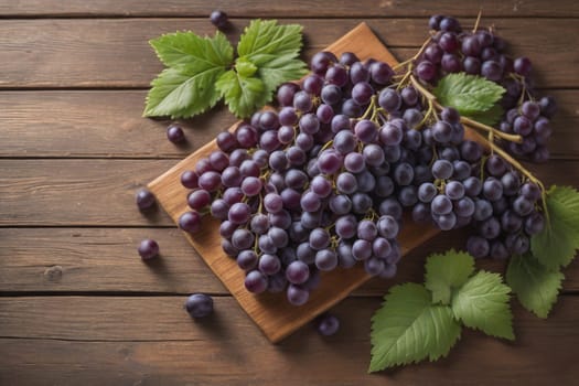 Bunch of fresh grapes on wooden table. Vintage style toned picture. ai generative