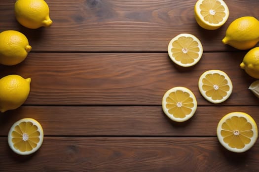 Lemon and slice of lemon on wooden background. Top view. ai generative