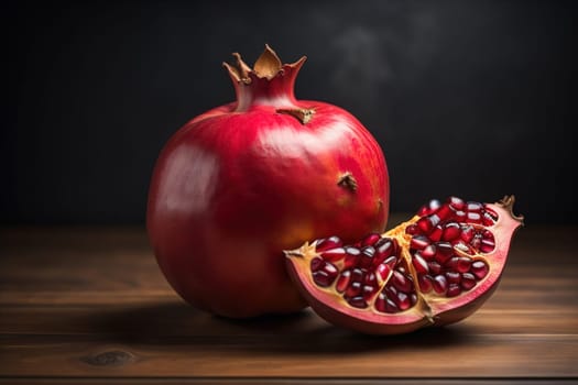 Ripe pomegranate fruit on a wooden background. Still life. ai generative