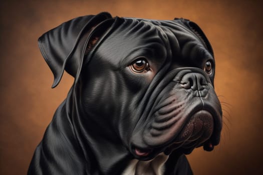Close up portrait of a cute black dog on a orange background. ai generative