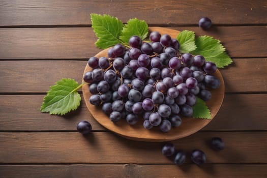 Bunch of fresh grapes on wooden table. Vintage style toned picture. ai generative