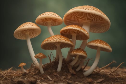 Mushrooms on a solid color background with green moss and water drops. generative ai