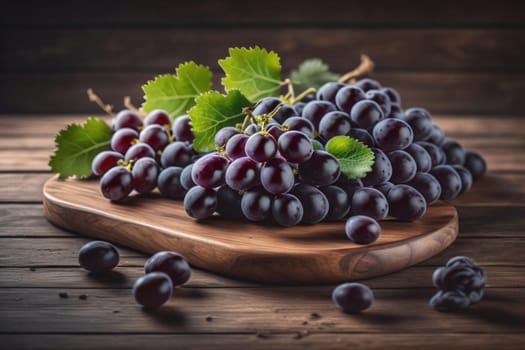 Bunch of fresh grapes on wooden table. Vintage style toned picture. ai generative