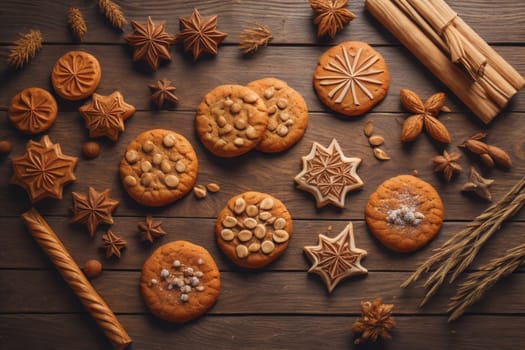 Cookies on a wooden table. Top view. ai generative