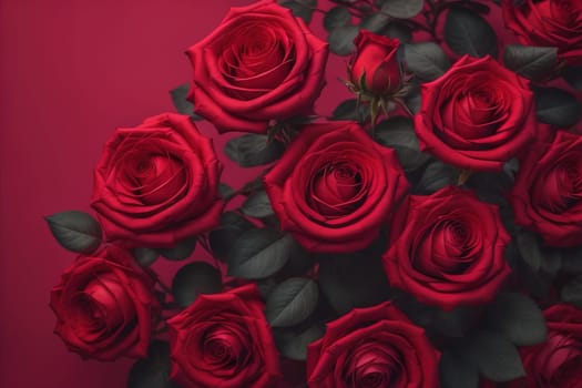 Red roses background. Top view of beautiful red roses with green leaves. ai generative