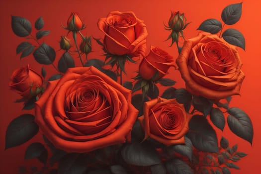 Red roses background. Top view of beautiful red roses with green leaves. ai generative