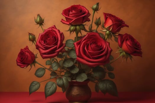 Red roses background. Top view of beautiful red roses with green leaves. ai generative