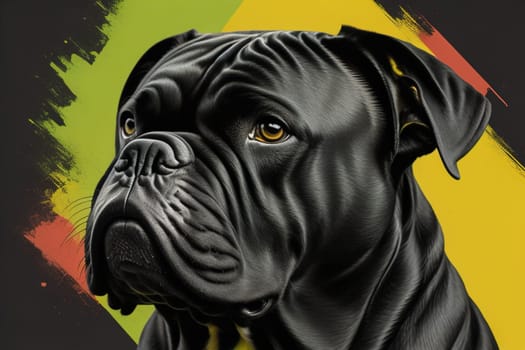 Close up portrait of a cute black dog on a orange background. ai generative