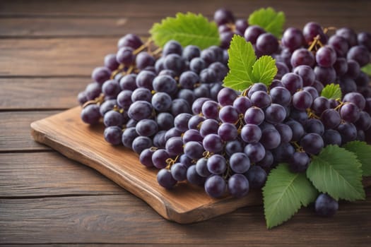 Bunch of fresh grapes on wooden table. Vintage style toned picture. ai generative