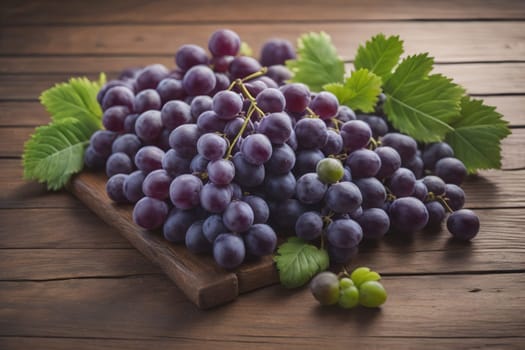 Bunch of fresh grapes on wooden table. Vintage style toned picture. ai generative
