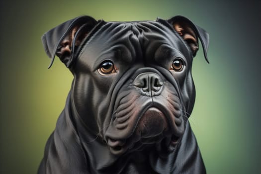 Close up portrait of a cute black dog on a orange background. ai generative
