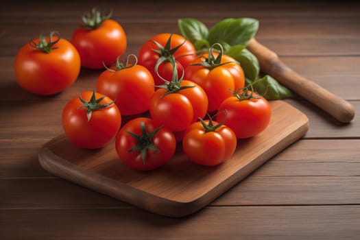 Tomatoes on a wooden table on a dark background. ai generative