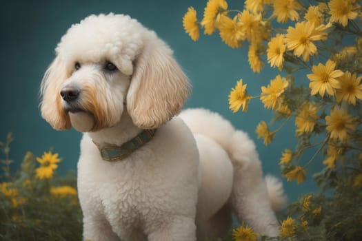 Close-up portrait of a poodle dog on a solid color background. ai generative
