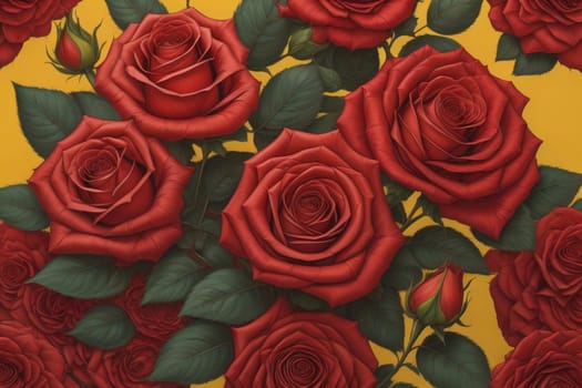 Red roses background. Top view of beautiful red roses with green leaves. ai generative