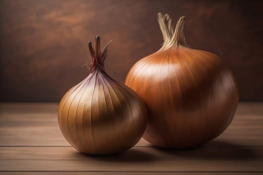 Three onions on a wooden table in front of a solid color background. ai generative