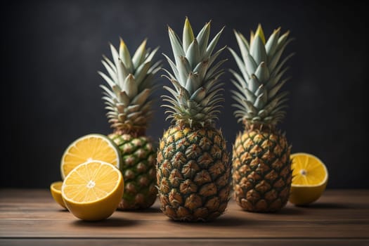 Pineapples on a wooden background. ai generative
