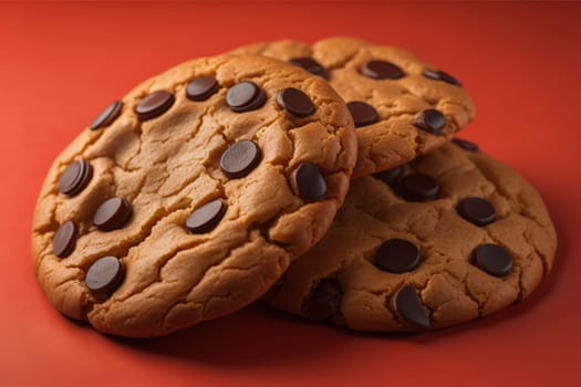 Chocolate chip cookies on orange background. Close up. Selective focus. ai generative