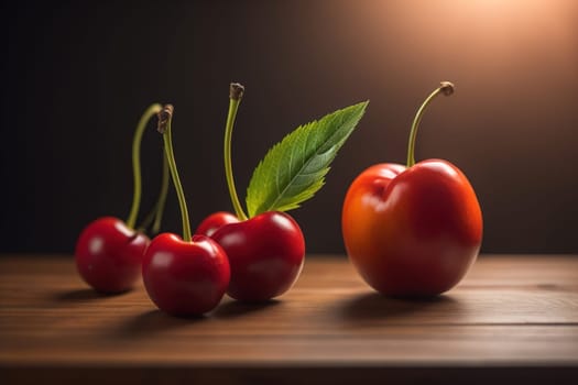 Red cherries on a wooden background. Close up. Selective focus. ai generative