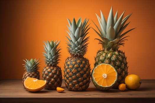 Pineapples on a wooden background. ai generative