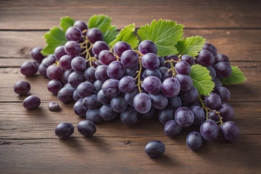Bunch of fresh grapes on wooden table. Vintage style toned picture. ai generative