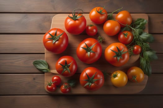 Tomatoes on a wooden table on a dark background. ai generative